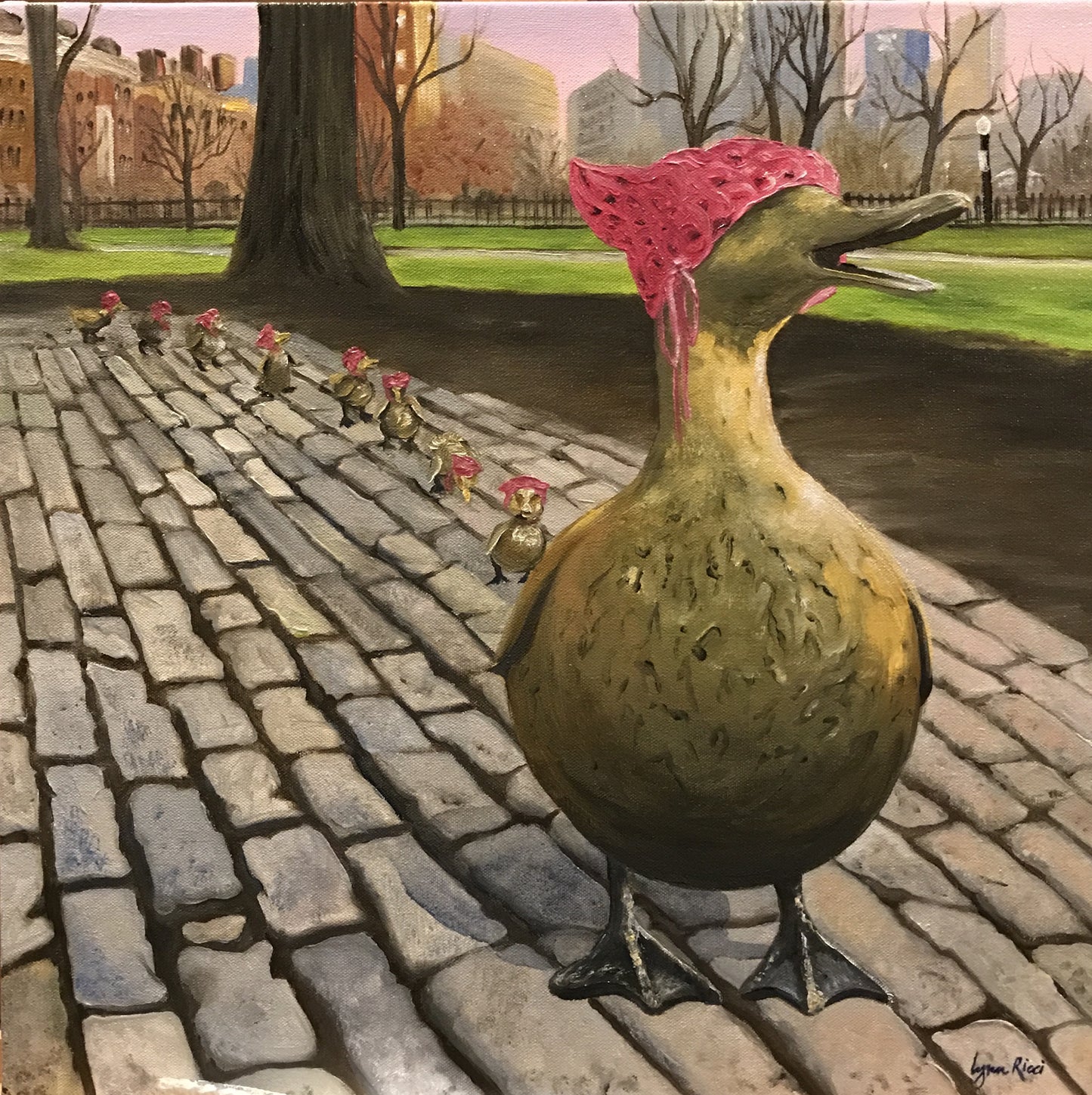 Boston Ducklings with their Pink On - Sold - Artwork of Lynn Ricci