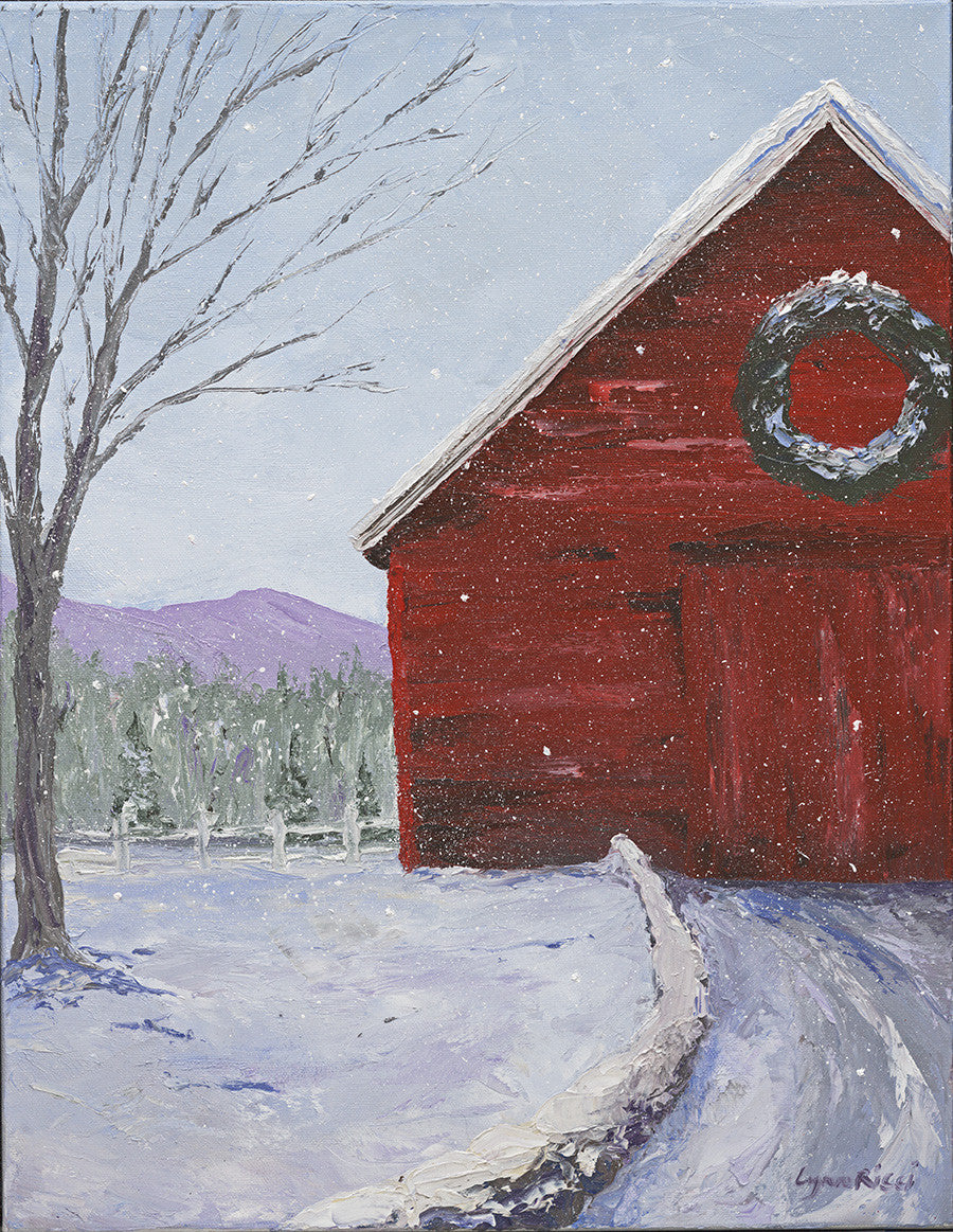 Giclee of Red Barn at Christmastime - Artwork of Lynn Ricci